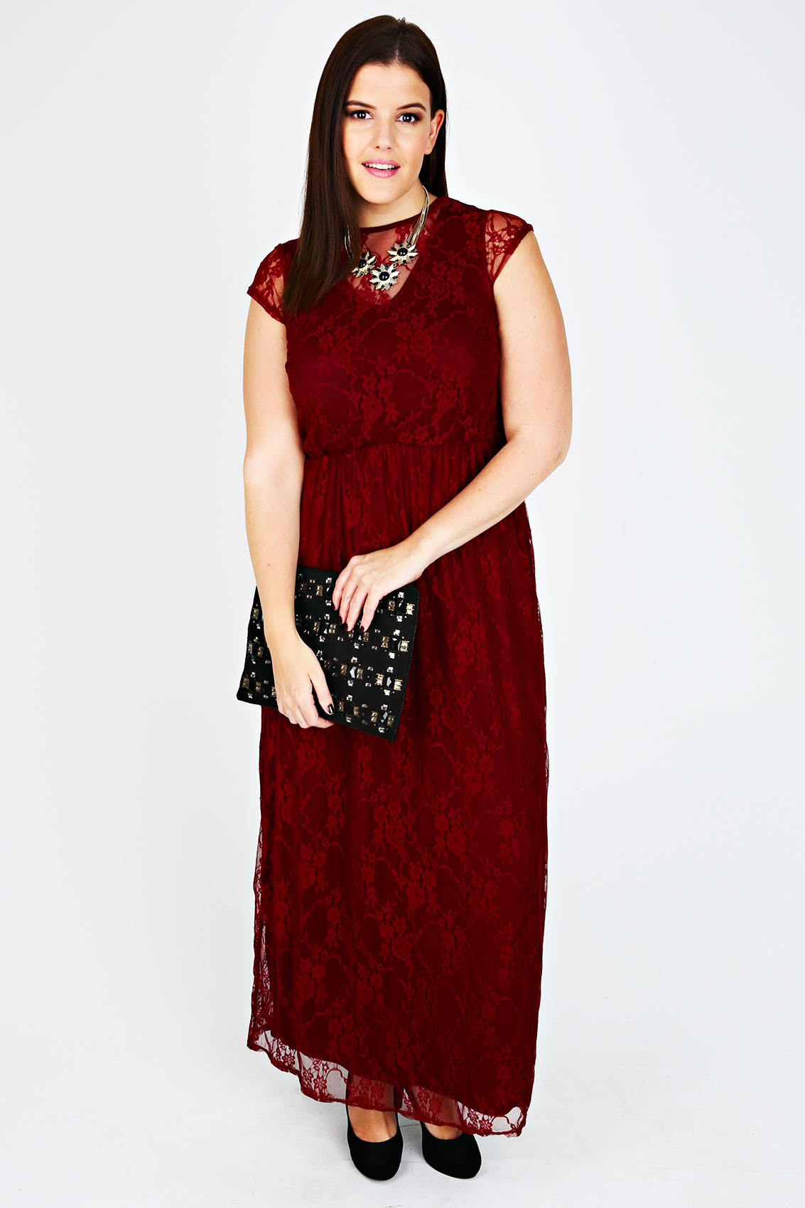 Wine Maxi Dress With Lace Overlay Plus size 14,16,18,20,22,24,26,28,30,32