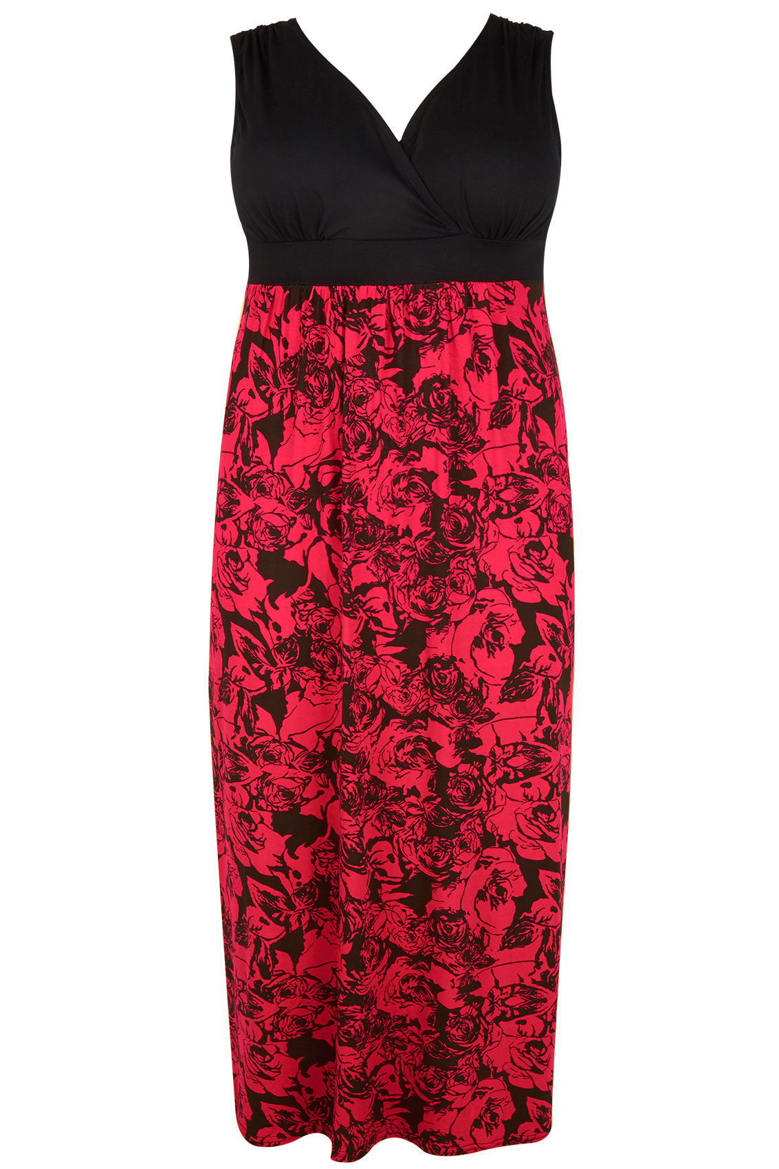Black And Red Rose Print Maxi Dress With V-Neckline Plus size 16,18,20 ...