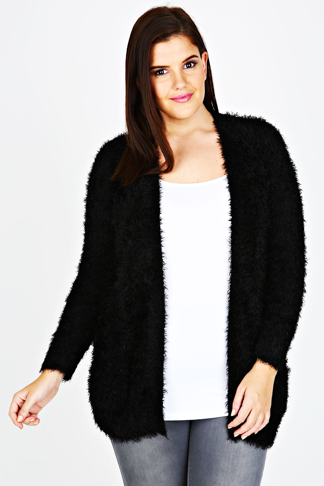 Black Eyelash Knitted Cardigan With Pockets plus size 16,18,20,22,24,26