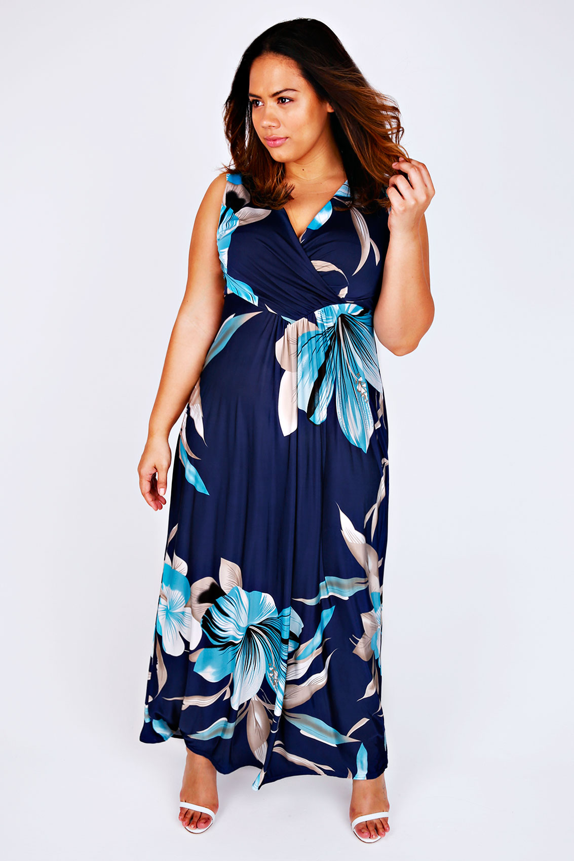 tropical palm v neck maxi dress navy