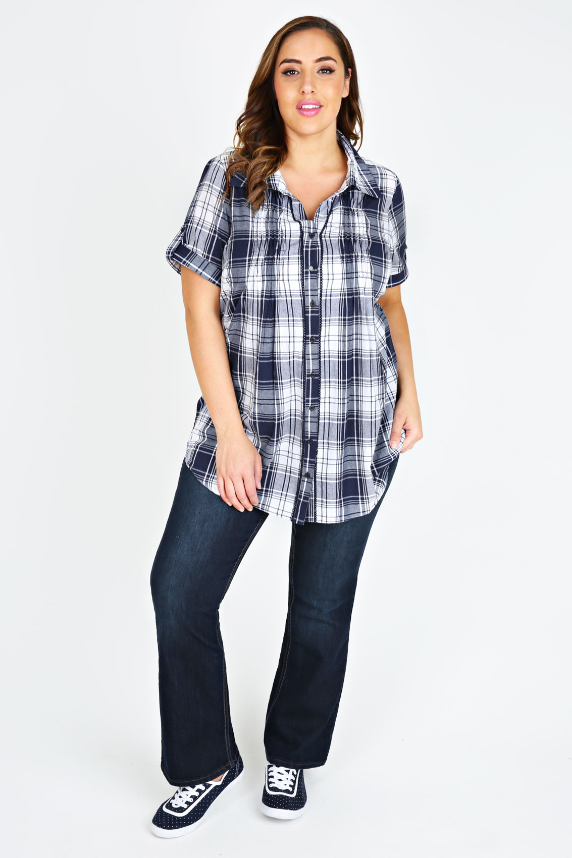 women's blue and white checked shirt