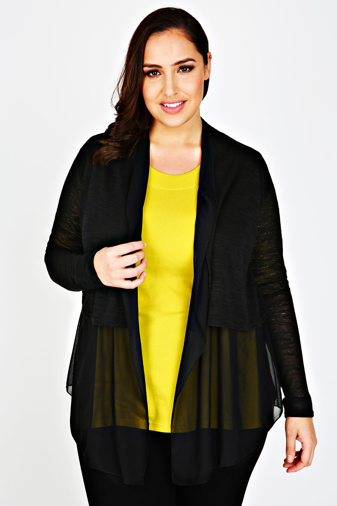 Black Fine Knit Shrug With Chiffon Trim Plus size 16,18,20,22,24,26,28