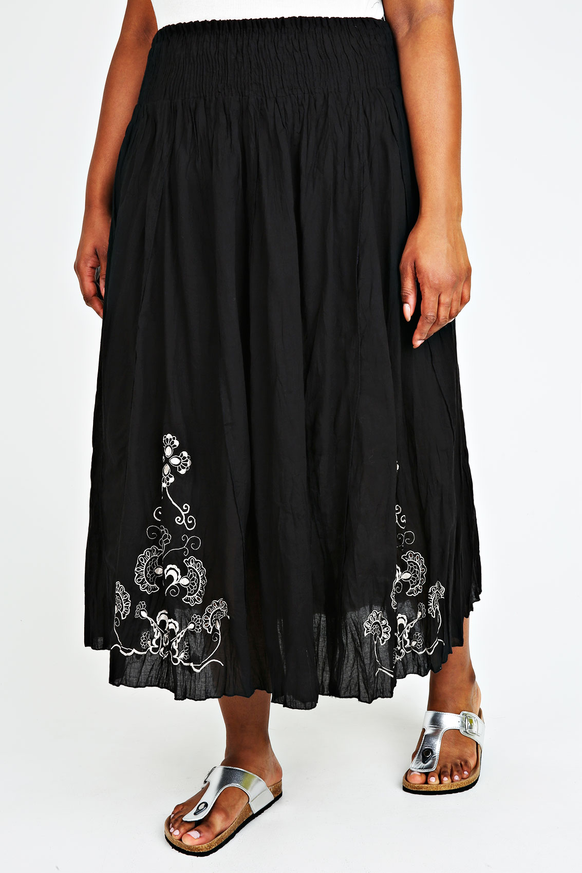 Black Cotton Maxi Skirt With Cream Embroidery Detail Plus Size 14 16 18 20 22 24 26 28 30 32 34 36