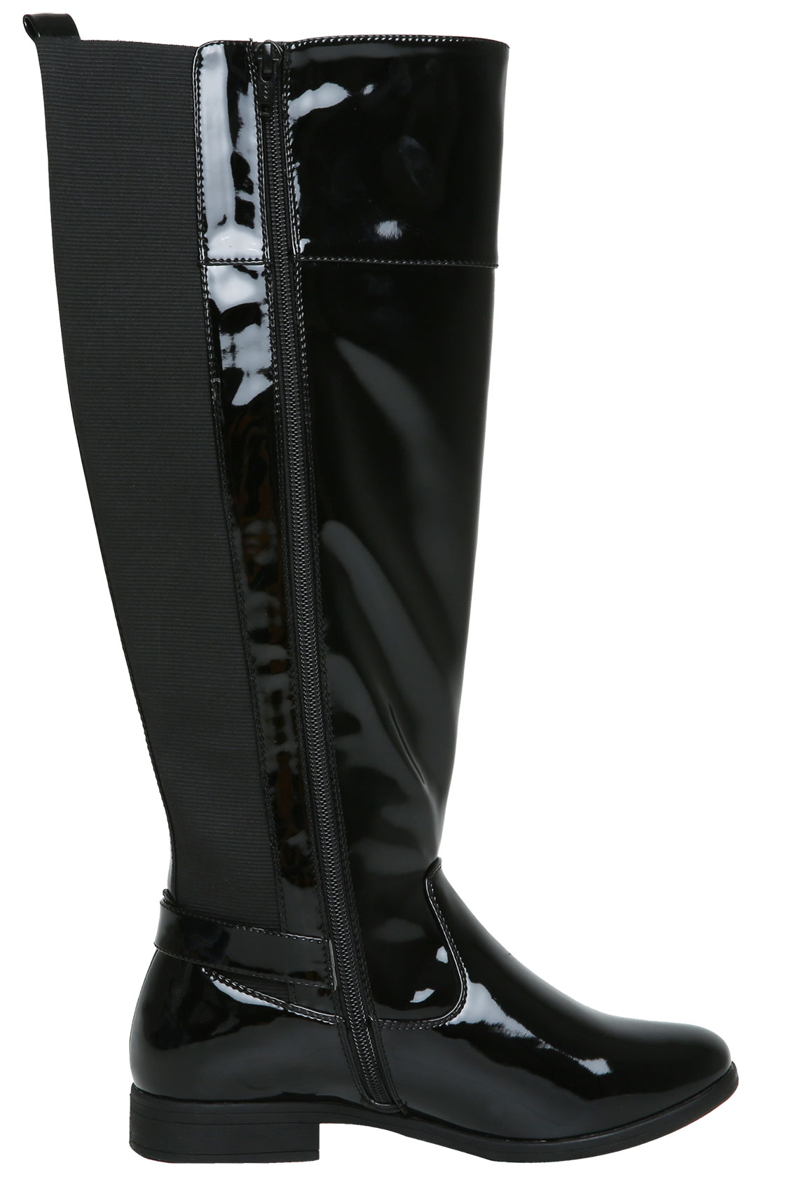 Black Patent Stretch Long Boot With Buckle Trim & EEE Fitting, 4EEE 