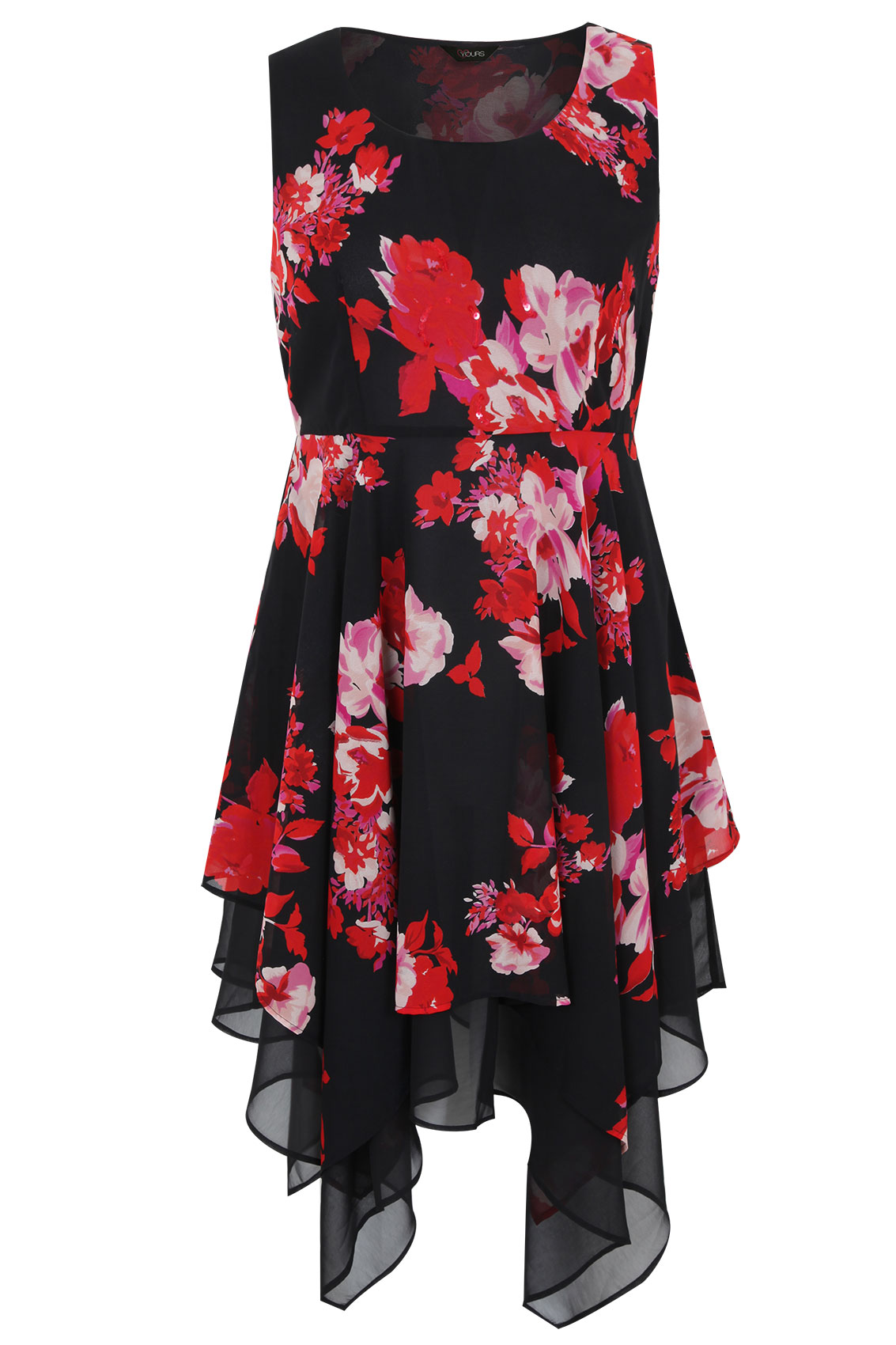 Black And Red Multi Sleeveless Floral Print Hanky Hem Dress Plus Size 