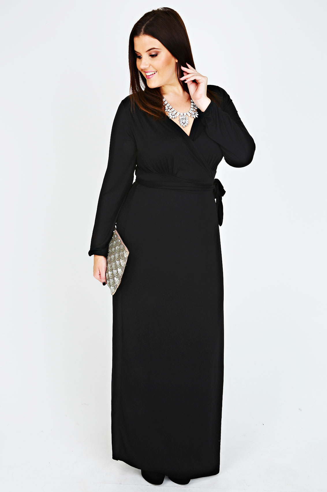 Black Long Sleeve Wrap Maxi Dress Plus size 14,16,18,20,22,24,26,28,30