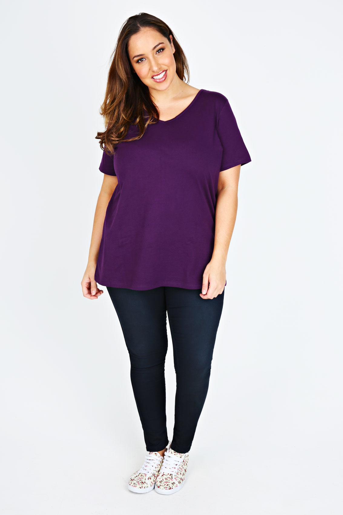 Purple Plain Basic Short Sleeved V Neck T Shirt Plus Size 16 18 20 22