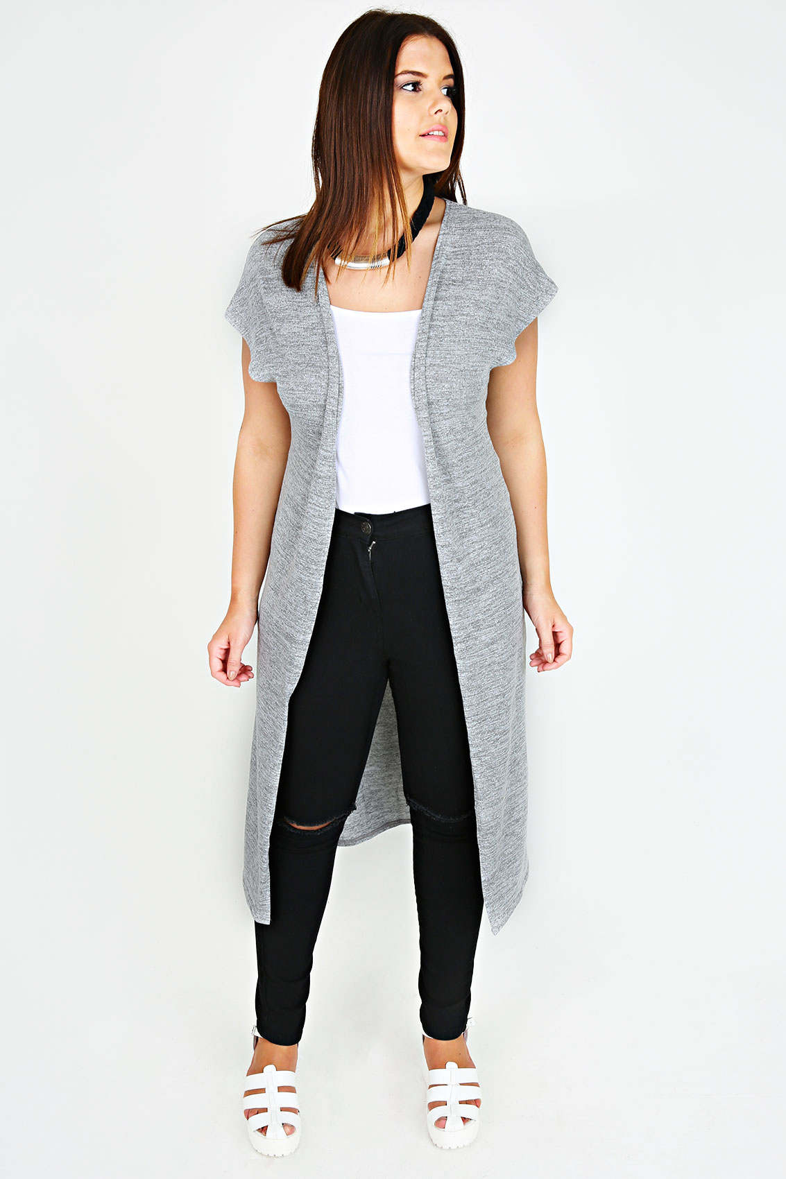 Grey Marl Longline Fine Knit Sleeveless Cardigan Plus Size 16 18 20 22 24 26 28 30 32