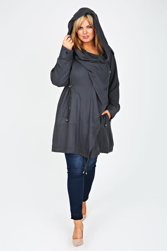 Grey Cocoon Shaped Parka Jacket With Drape Front