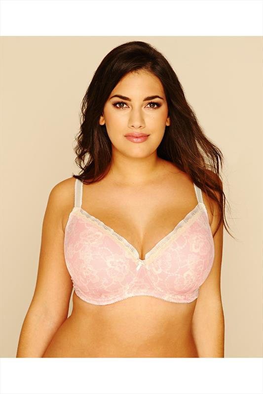 Pink And Cream Lace Print Moulded Under Wired Bra Plus Size 