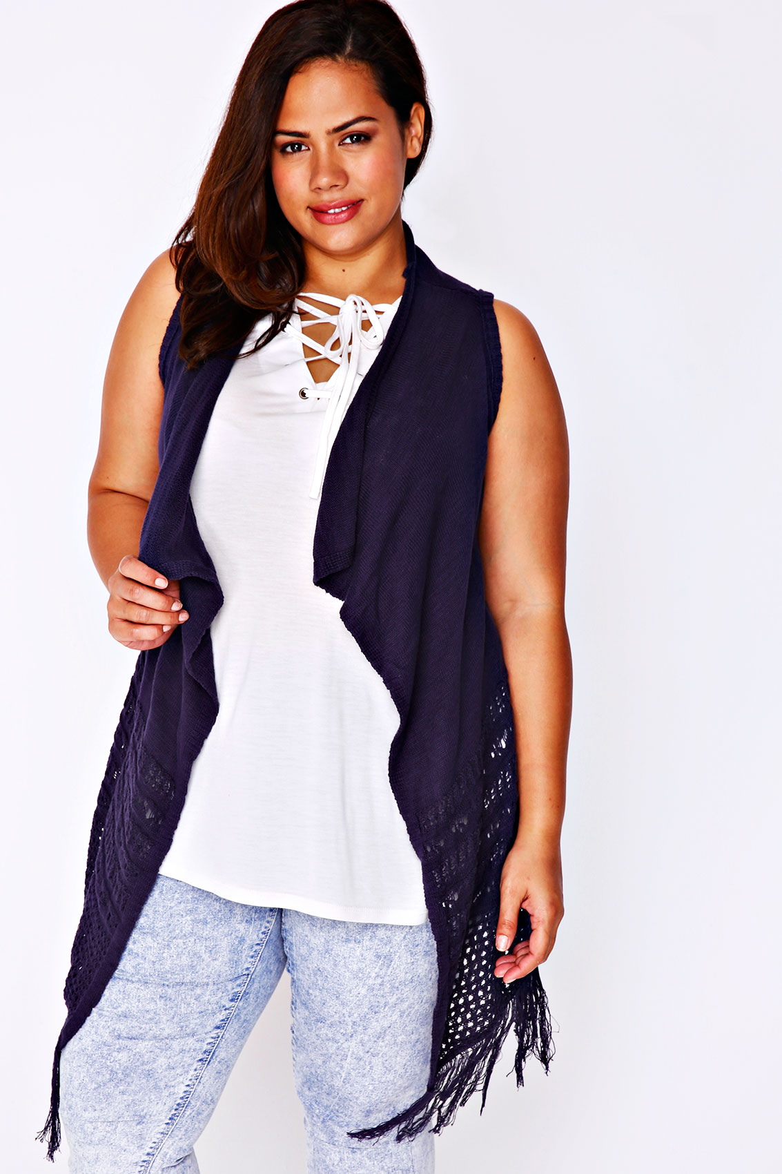 Navy Crochet Knit Sleeveless Cardigan With Tassel Hem Plus size 14,16