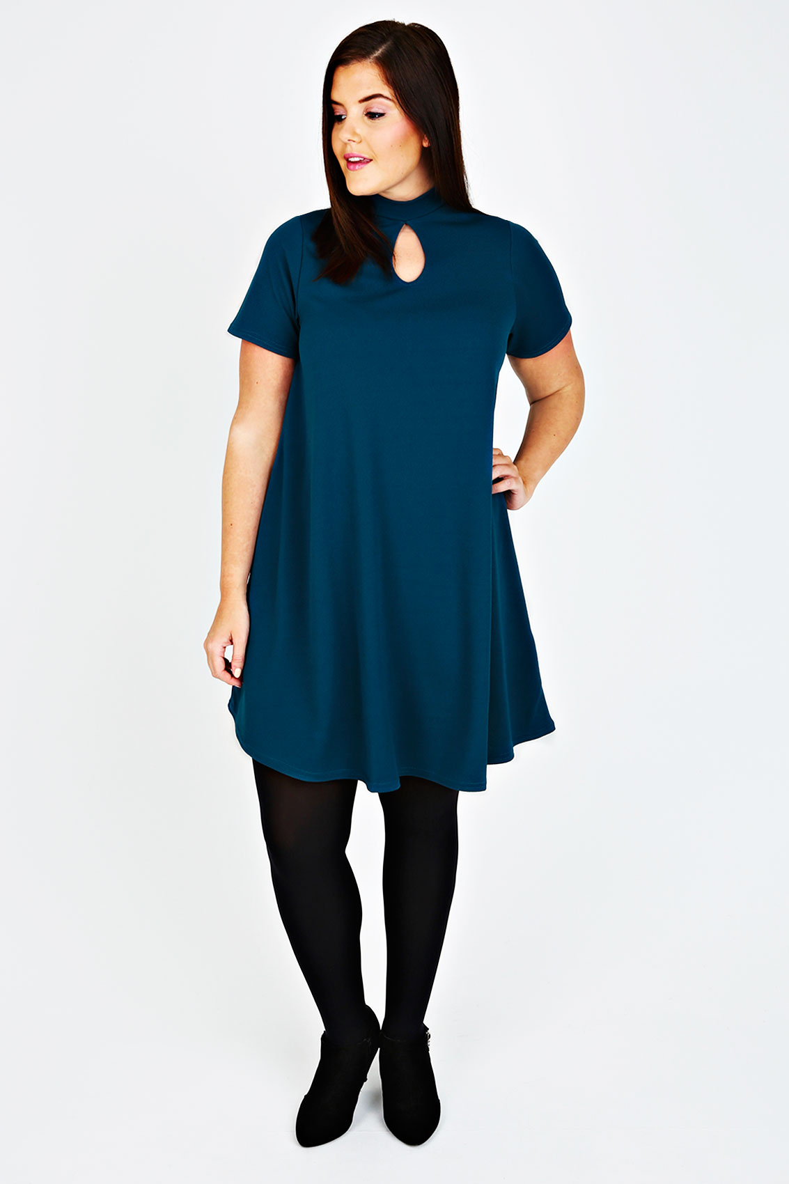 Teal High Neck Sleeveless Swing Dress With Keyhole Plus Size 14,16,18 ...